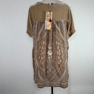 NWT JWLA Johnny Was Mixed Media Short Sleeve Top Tan Velvet Front Silk Back Sz L